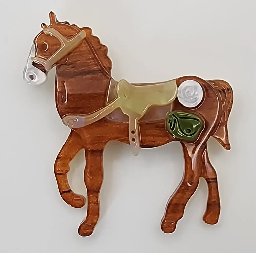 Layered Acrylic Horse Brooch Browns W/ Saddle and Pack Western Animal